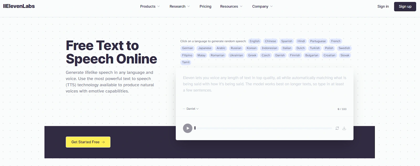 Screenshot of the ElevenLabs website homepage featuring a headline "Free Text to Speech Online," a paragraph describing the service, a language selection menu, a speech playback interface, and a yellow "Get Started Free" button.