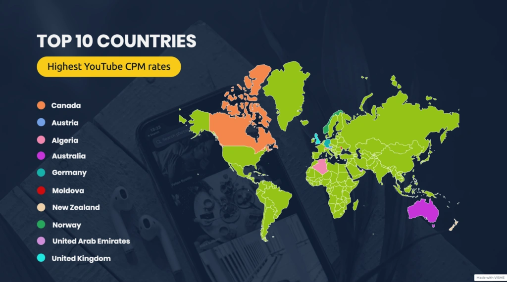 Map showing the top 10 countries with the highest YouTube CPM rates, color-coded by country.