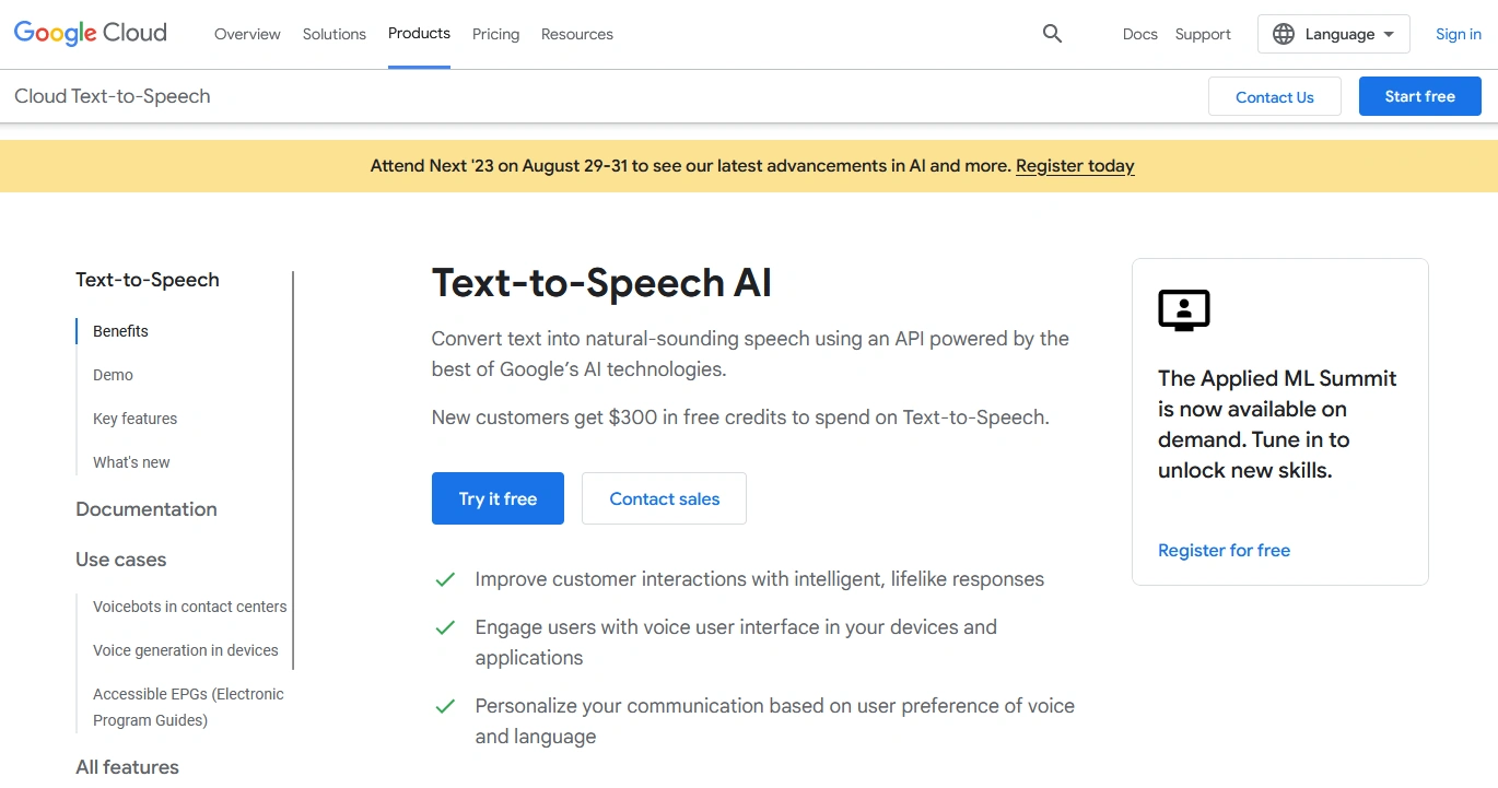 Screenshot of the Google Cloud Text-to-Speech product page, showing options to try the service for free and contact sales.