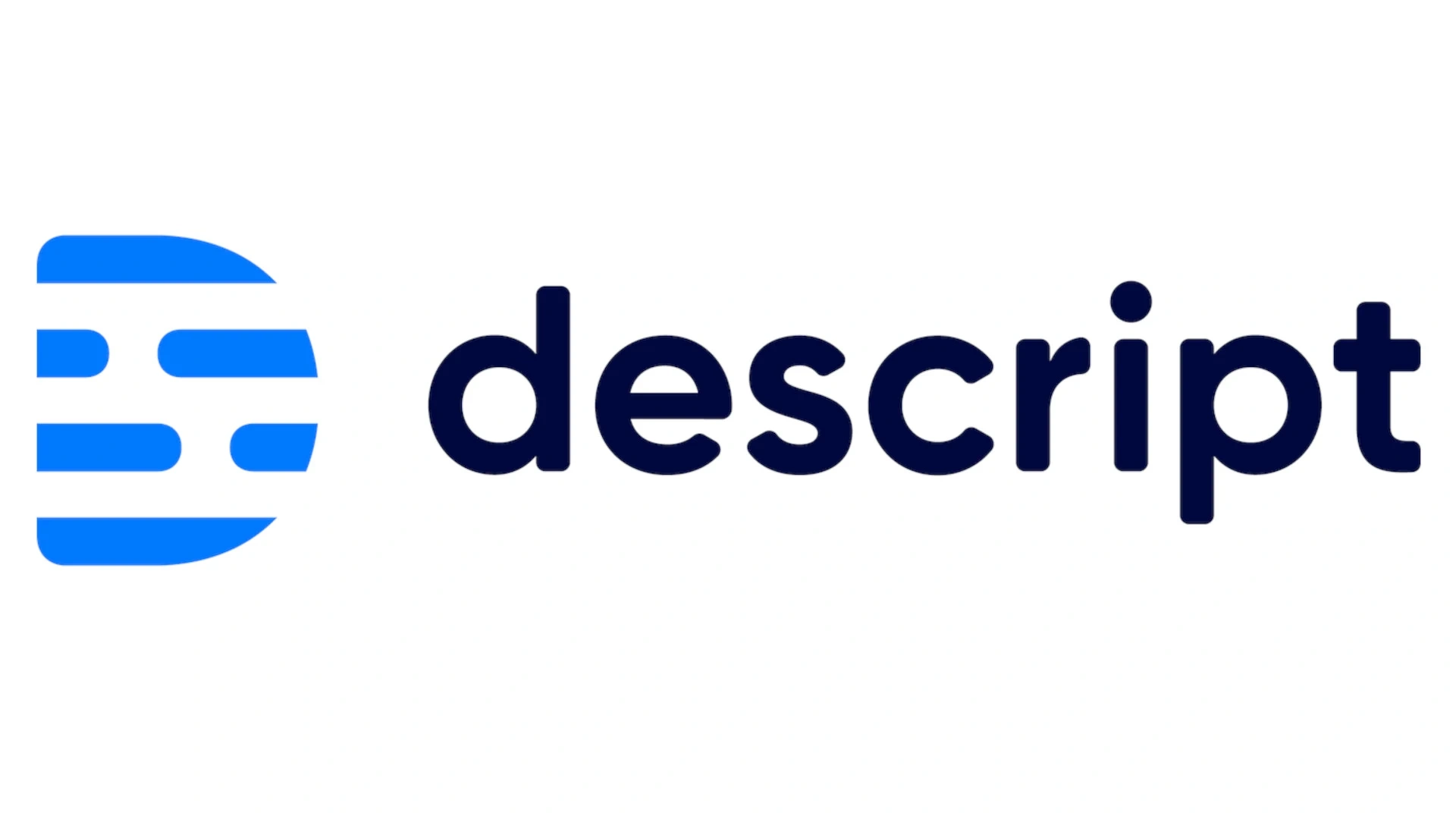 Describe the image with the word "descript" next to a blue and white abstract logo.