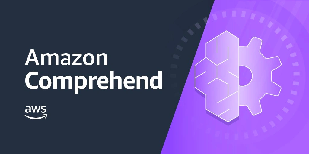 Amazon Comprehend logo with a gear and hexagonal pattern on a purple background.