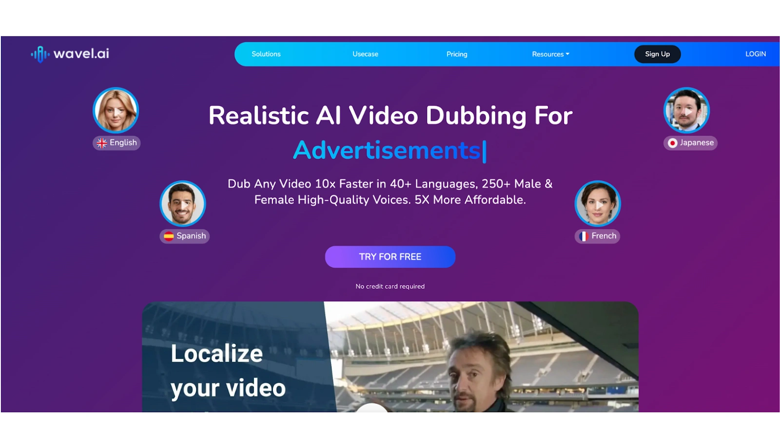 Screenshot of a website homepage for Wavel.ai, showcasing AI video dubbing services with a "Try for Free" button and language options.