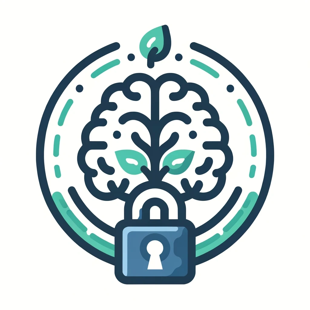 Brain with leaves inside, surrounded by a lock and circular border.