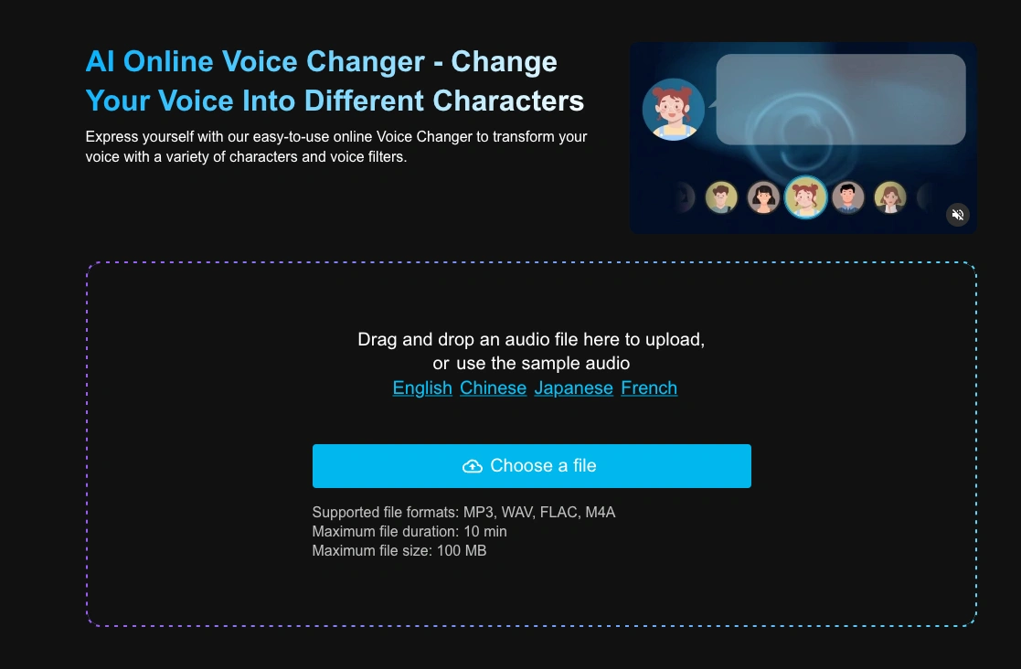 Screenshot of an AI online voice changer webpage with options to upload audio files and change voice characters.