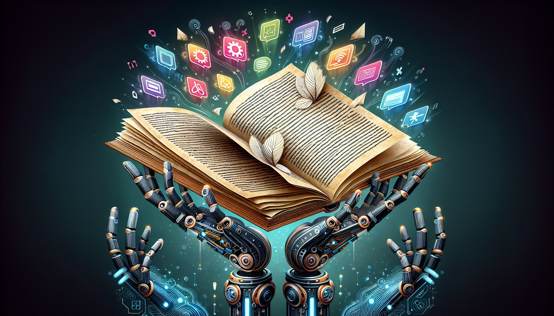 Robotic hands holding an open book with digital icons emerging from its pages.