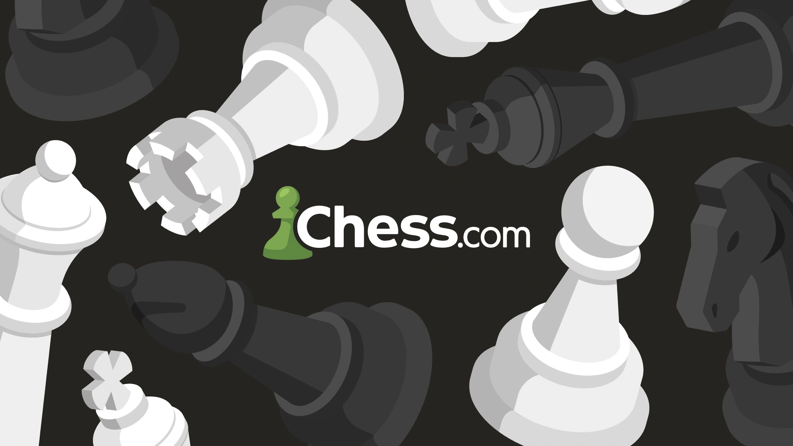 Chess pieces surrounding the "chess.com" logo on a dark background.