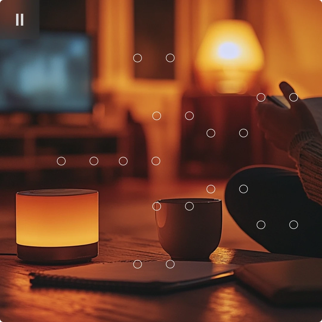 A person sitting on the floor with a cup and a candle on a wooden surface, holding a smartphone in a cozy, dimly lit room.