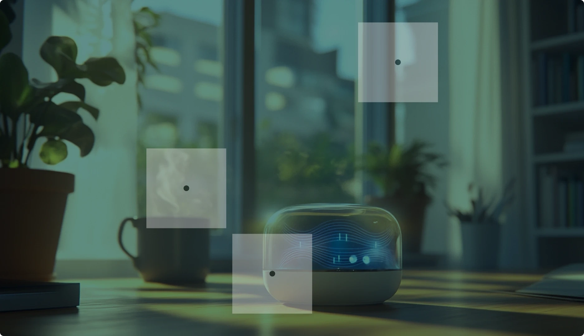 A smart speaker with a digital display on a desk, surrounded by potted plants and books, with a window in the background.