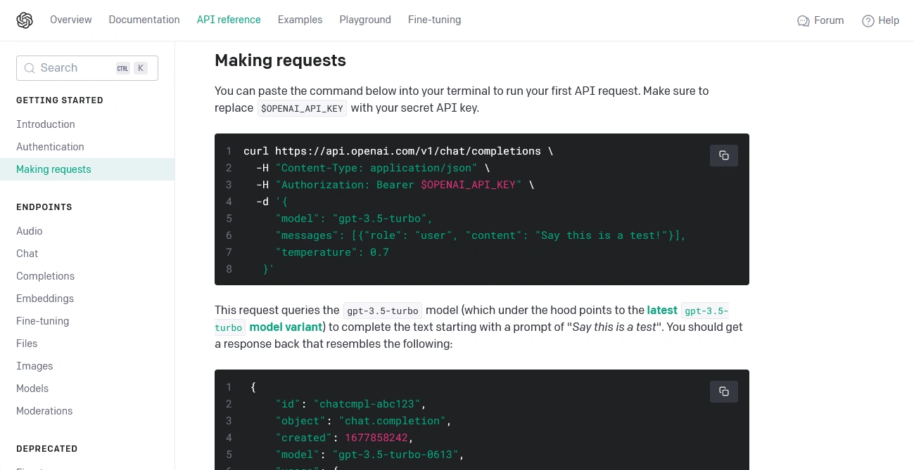 Screenshot of a webpage showing instructions for making API requests to OpenAI, including a curl command example.