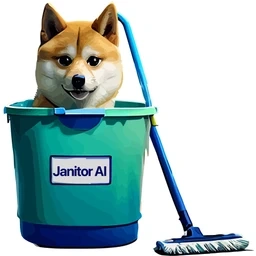 A dog with a Shiba Inu face sitting inside a janitor bucket labeled "Janitor AI" with a mop leaning against it.