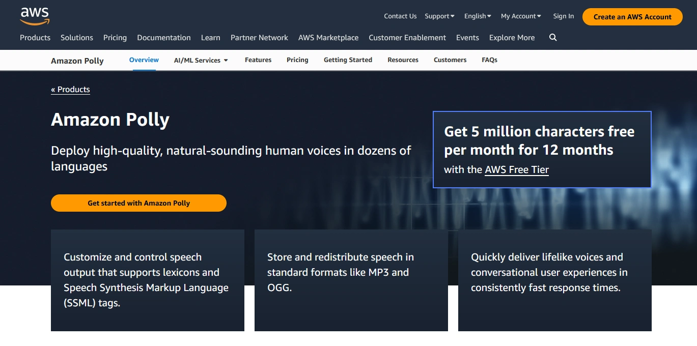 Screenshot of the Amazon Polly webpage on AWS, featuring a dark background, navigation menu, and promotional offer for free characters per month.