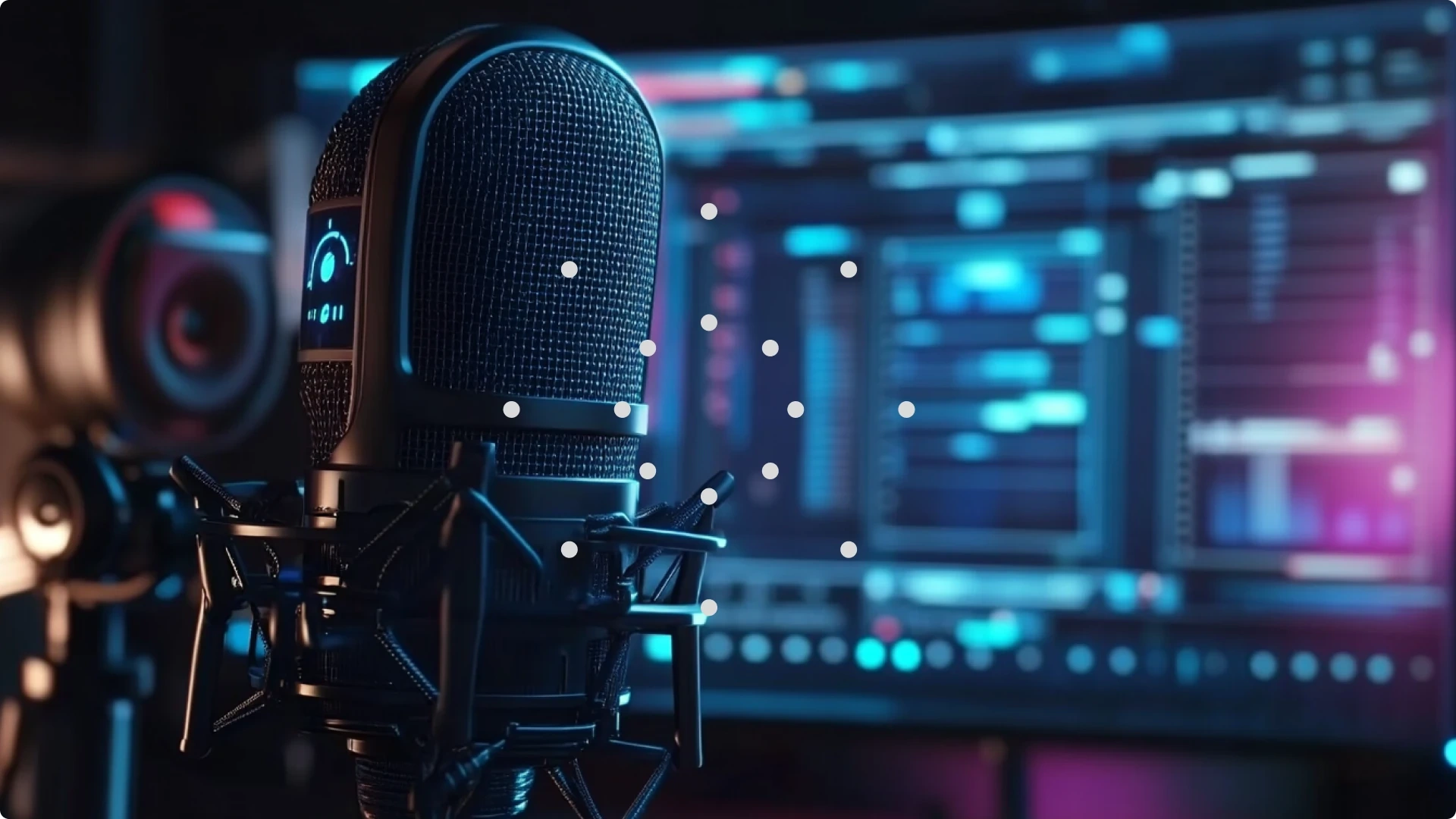 A close-up of a professional microphone in a recording studio with digital audio workstations on a screen in the background.