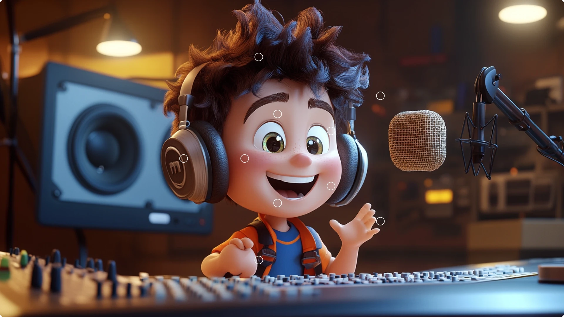 A animated boy with curly hair wearing headphones, sitting at a sound mixing console in a recording studio, smiling and speaking into a microphone.