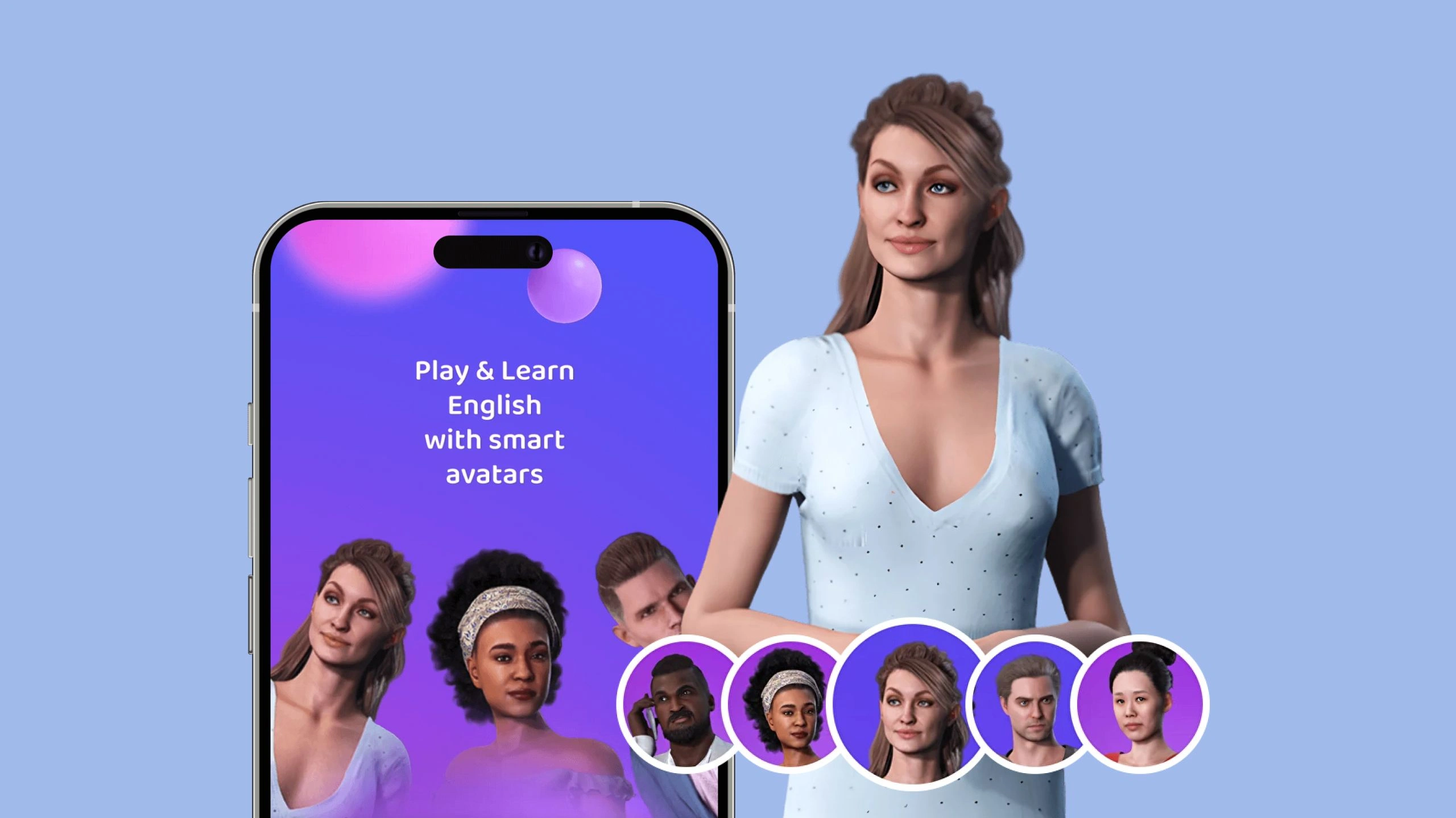 A woman standing next to a smartphone displaying an app with diverse animated avatars and the text "Play & Learn English with smart avatars."