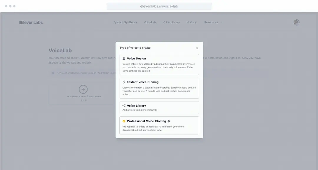 Popup menu showing options for creating different types of voices in a voice synthesis platform.