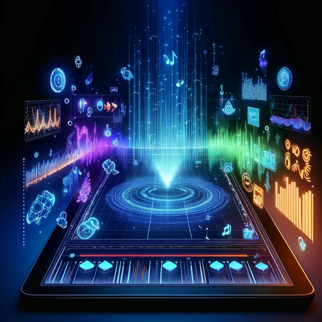 A digital representation of music and data visualization emerging from a tablet screen with colorful holographic icons and graphs.