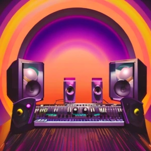 A music studio setup with speakers, a DJ controller, and colorful lighting.