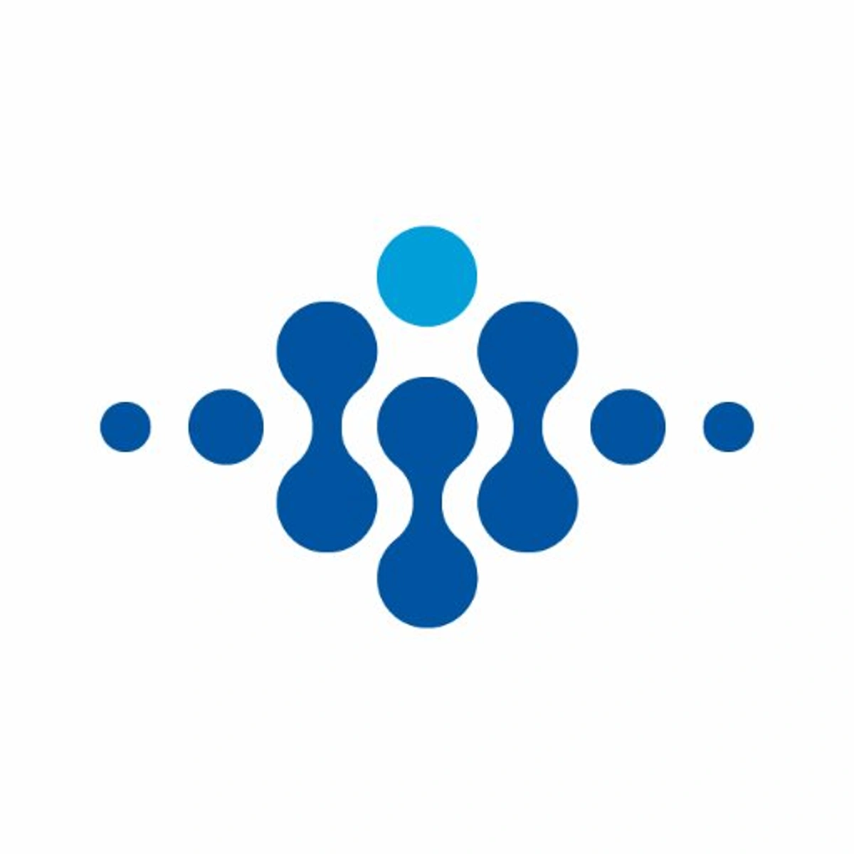 A symmetrical abstract design composed of blue circles of varying sizes arranged in a diamond shape.