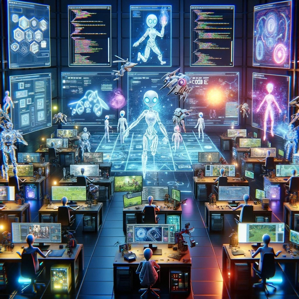A futuristic control room with humanoid robots, holographic displays, and computer stations, depicting a high-tech environment with digital and AI elements.