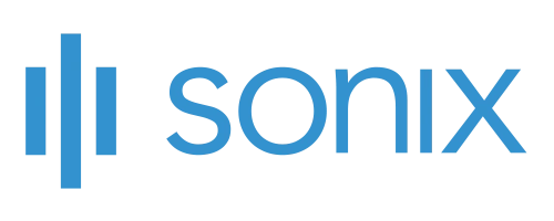 Sonix logo with blue vertical lines and the word "sonix" in blue lowercase letters.