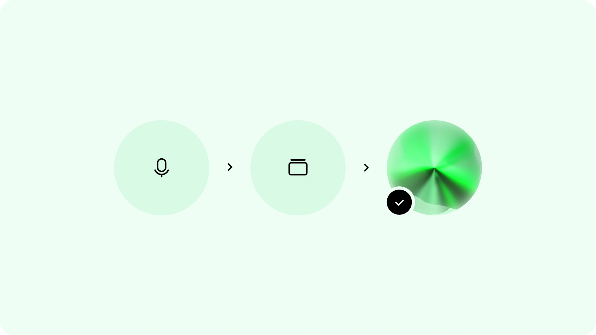 A digital interface showing a microphone icon, a folder icon, and a green circular pattern with a checkmark.