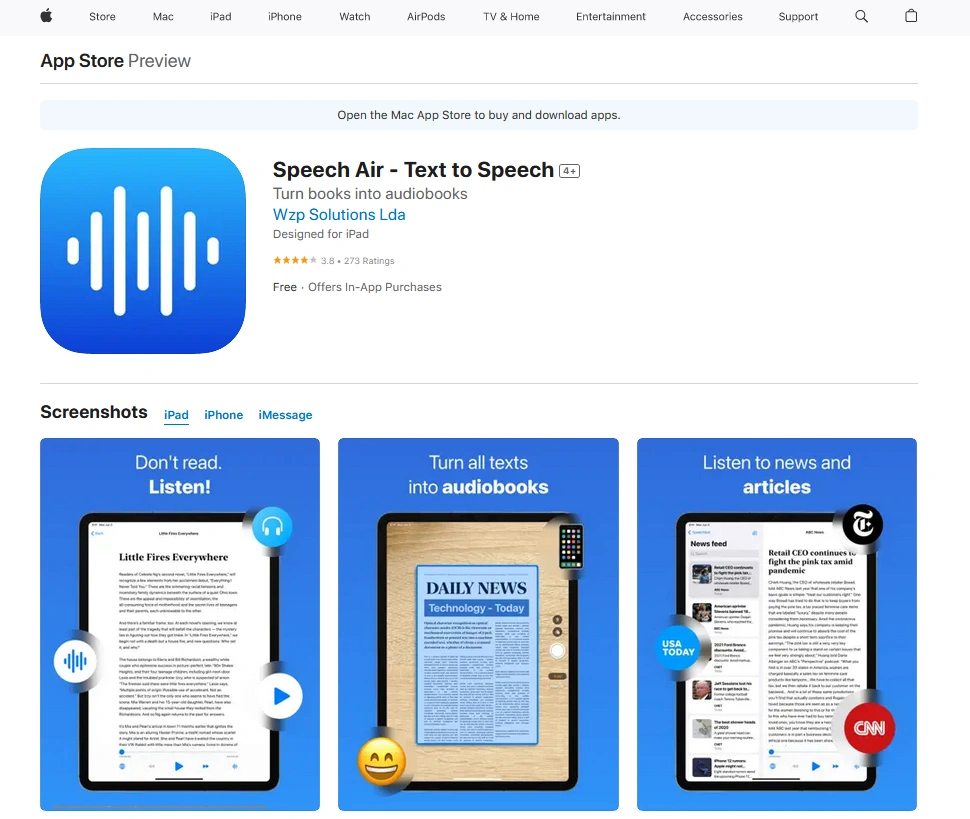 App Store preview page for Speech Air - Text to Speech app, showing the app icon, name, developer, rating, and sample screenshots.