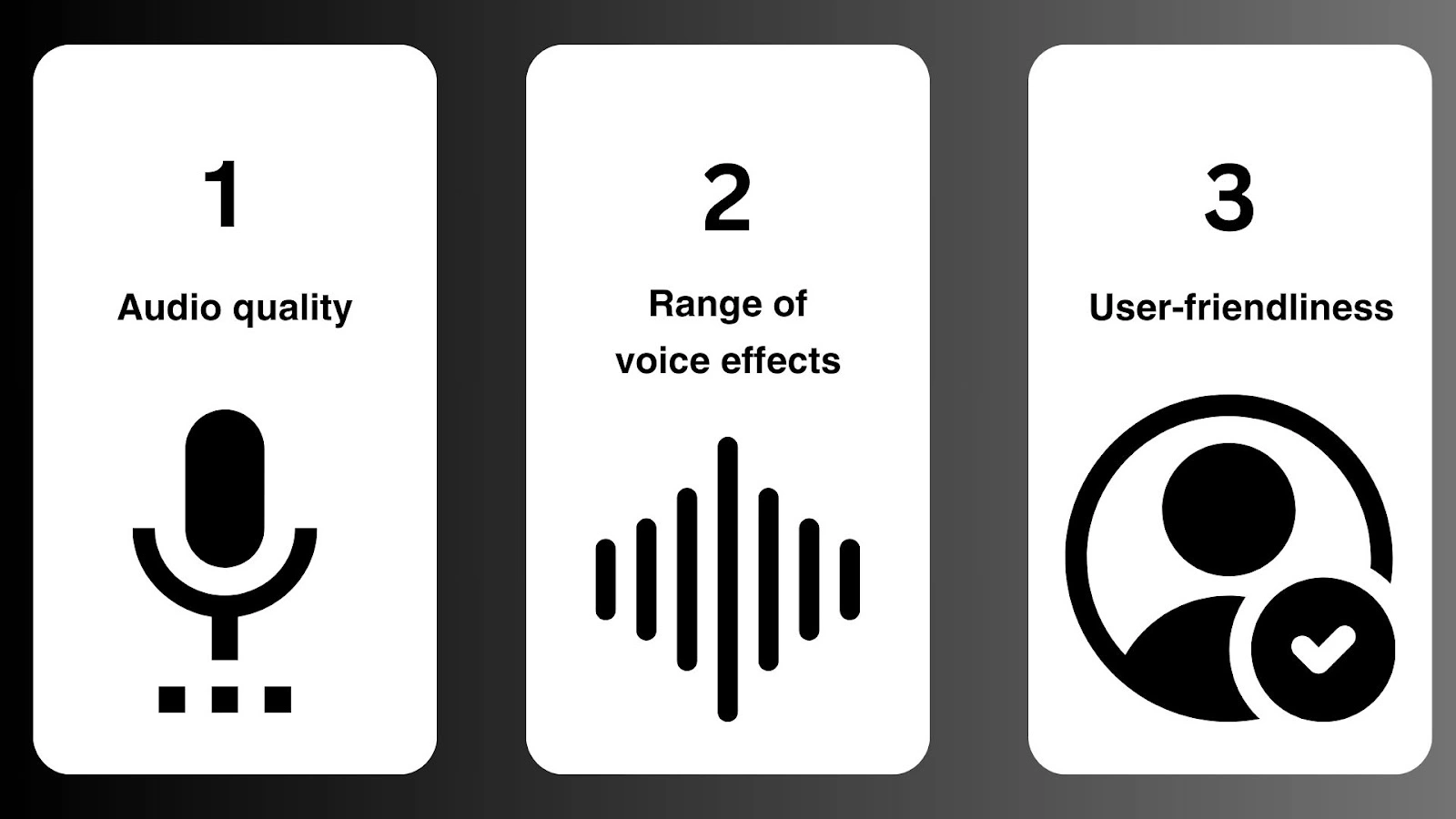 Audio quality, range of voice effects, user-friendliness icons.
