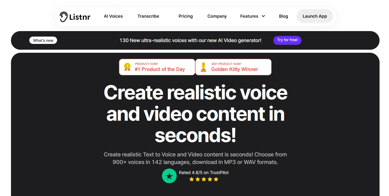 Create a website homepage for Listr, a platform that generates realistic voice and video content in seconds, highlighting features, awards, and a call-to-action button.