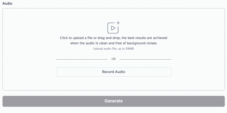 A webpage interface for uploading or recording audio files, with a "Generate" button at the bottom.