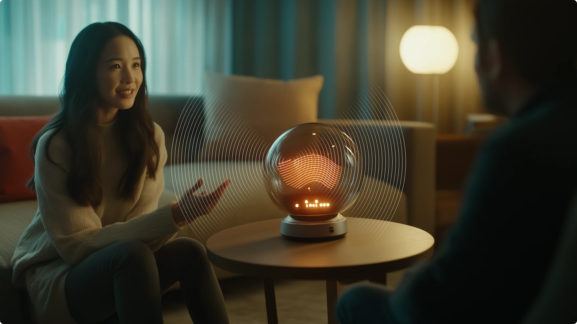 A woman smiling and talking to a man in a cozy living room with a futuristic holographic device on the table between them.