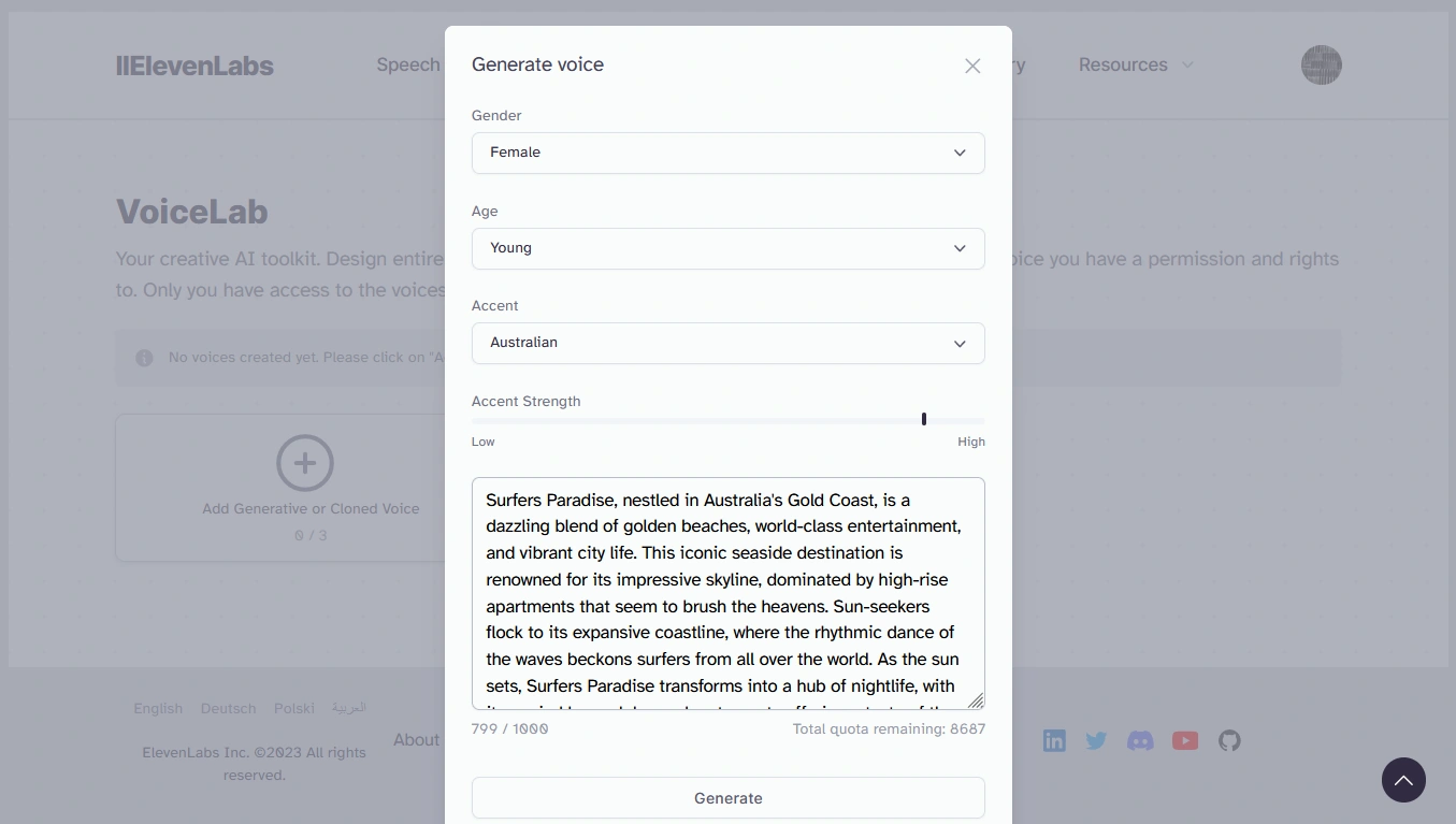 A pop-up window titled "Generate voice" with options for gender, age, accent, and accent strength, and a text box containing a description of Surfers Paradise in Australia.