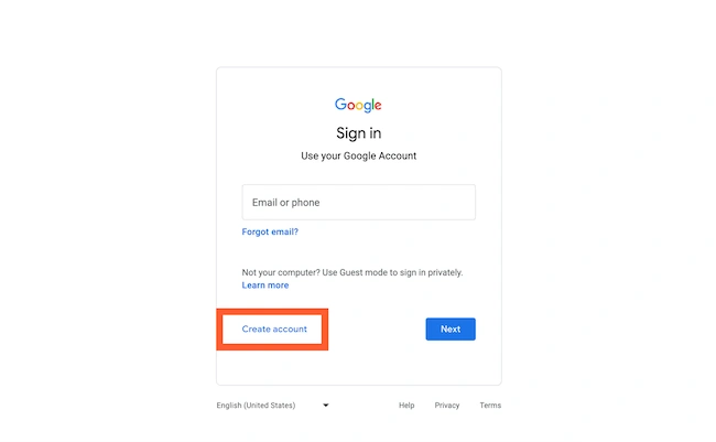 Google sign-in page with "Create account" button highlighted in red.