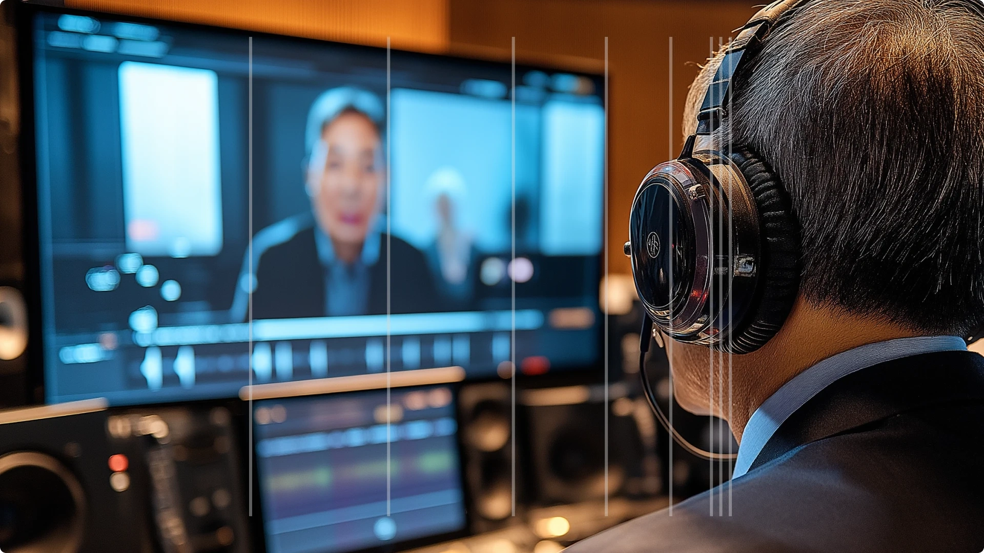 A person wearing headphones working on video editing with a blurred woman on a computer screen in the background.