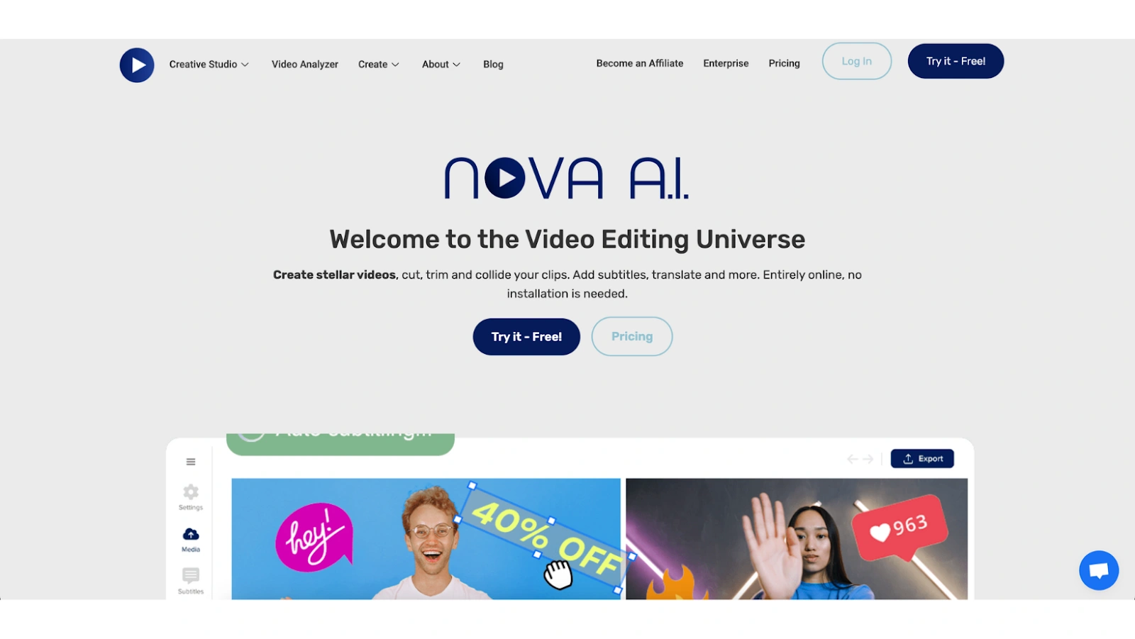 Screenshot of the NOVA AI website homepage featuring a video editing tool with a "Try it - Free!" button and a preview of a video editing interface with colorful graphics and a person.