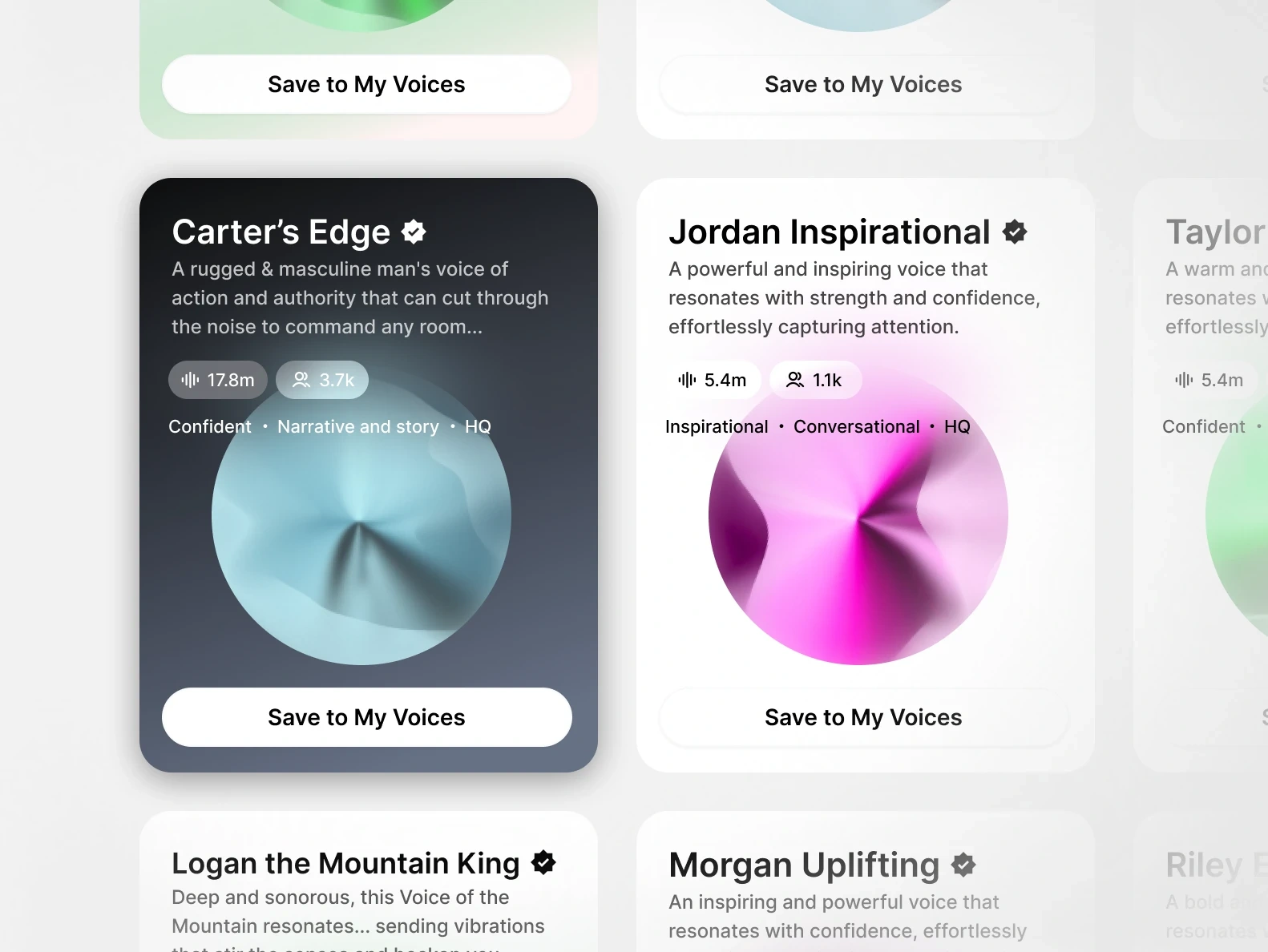 Screenshots of voice profile cards with names, descriptions, and options to save to favorites.