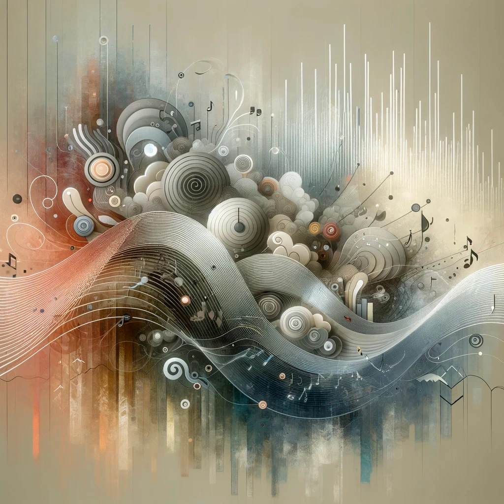Abstract digital artwork with swirling patterns, musical notes, and vertical lines.