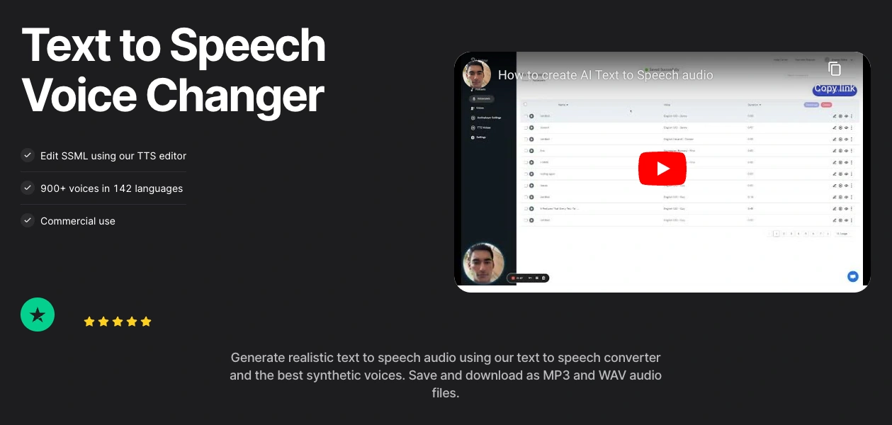 Screenshot of a webpage titled "Text to Speech Voice Changer" showing a video tutorial and features for generating speech audio from text.