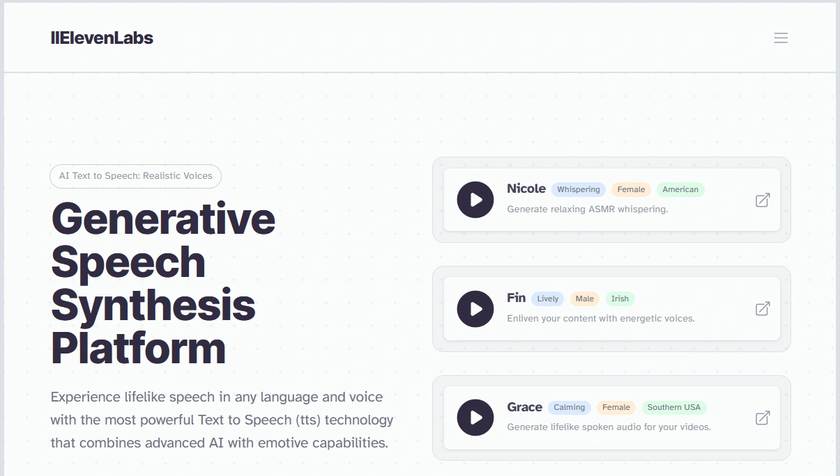 Screenshot of ElevenLabs' generative speech synthesis platform with options for creating AI-generated voice recordings.