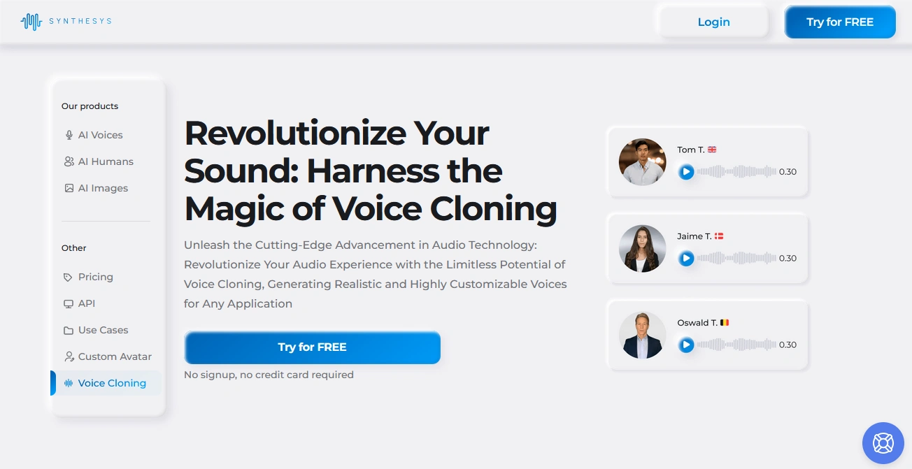 Screenshot of a webpage promoting voice cloning technology, featuring a navigation menu, a headline, a description, a "Try for FREE" button, and sample voice recordings of three individuals.