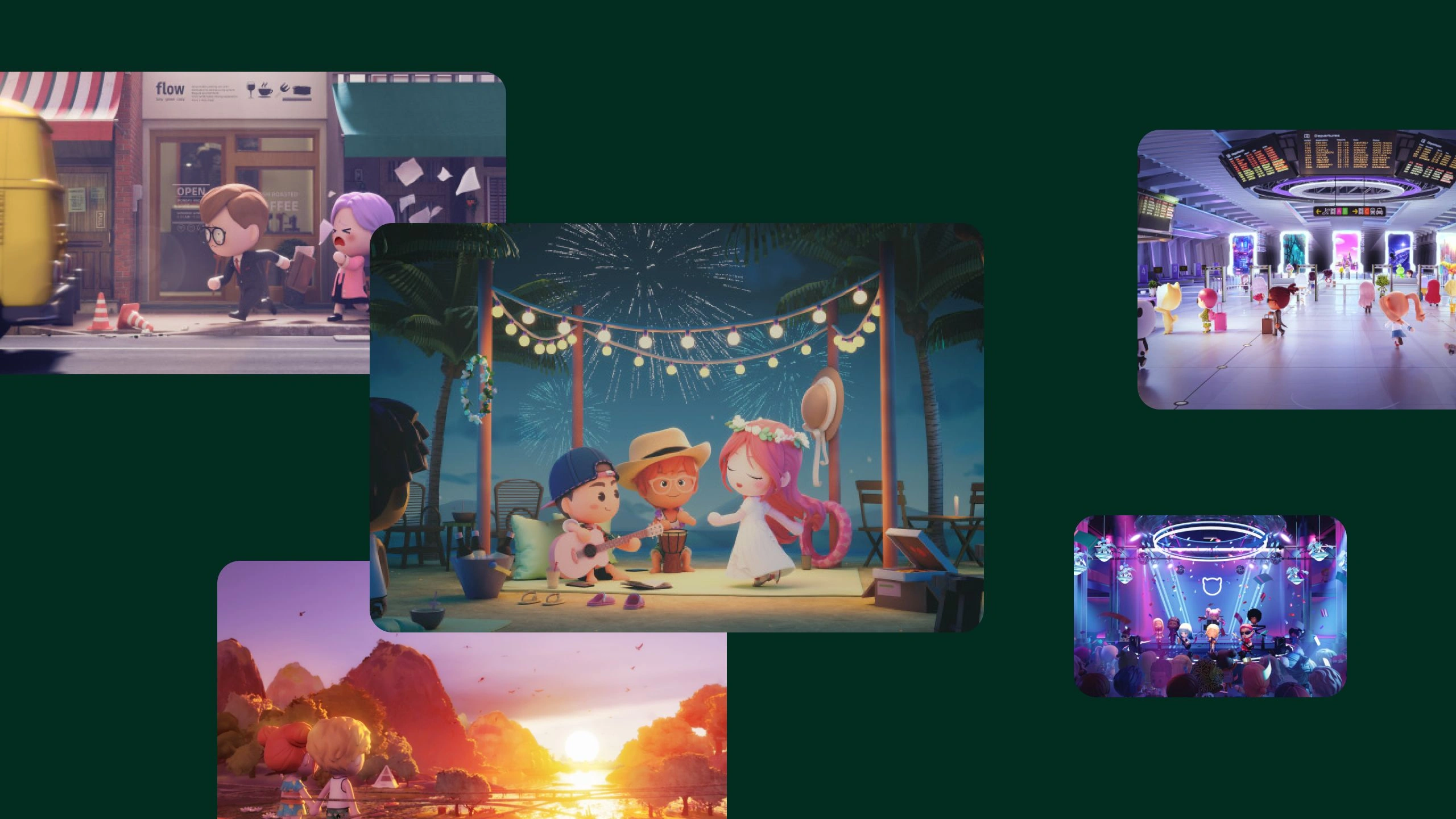 Animated characters performing on stage with a sunset and mountains in the background.