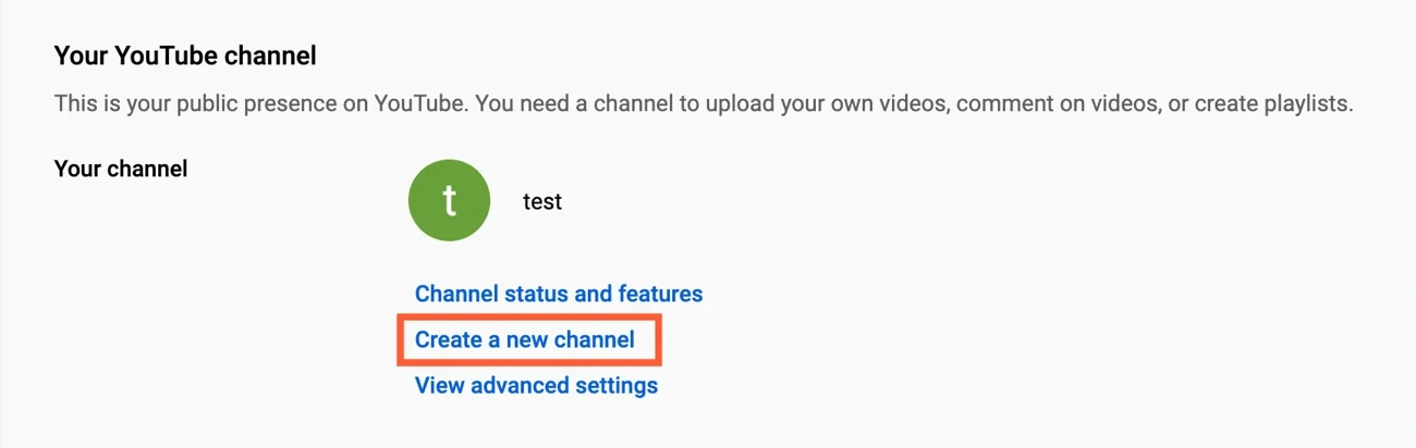 Screenshot of a YouTube account settings page with options to create a new channel.