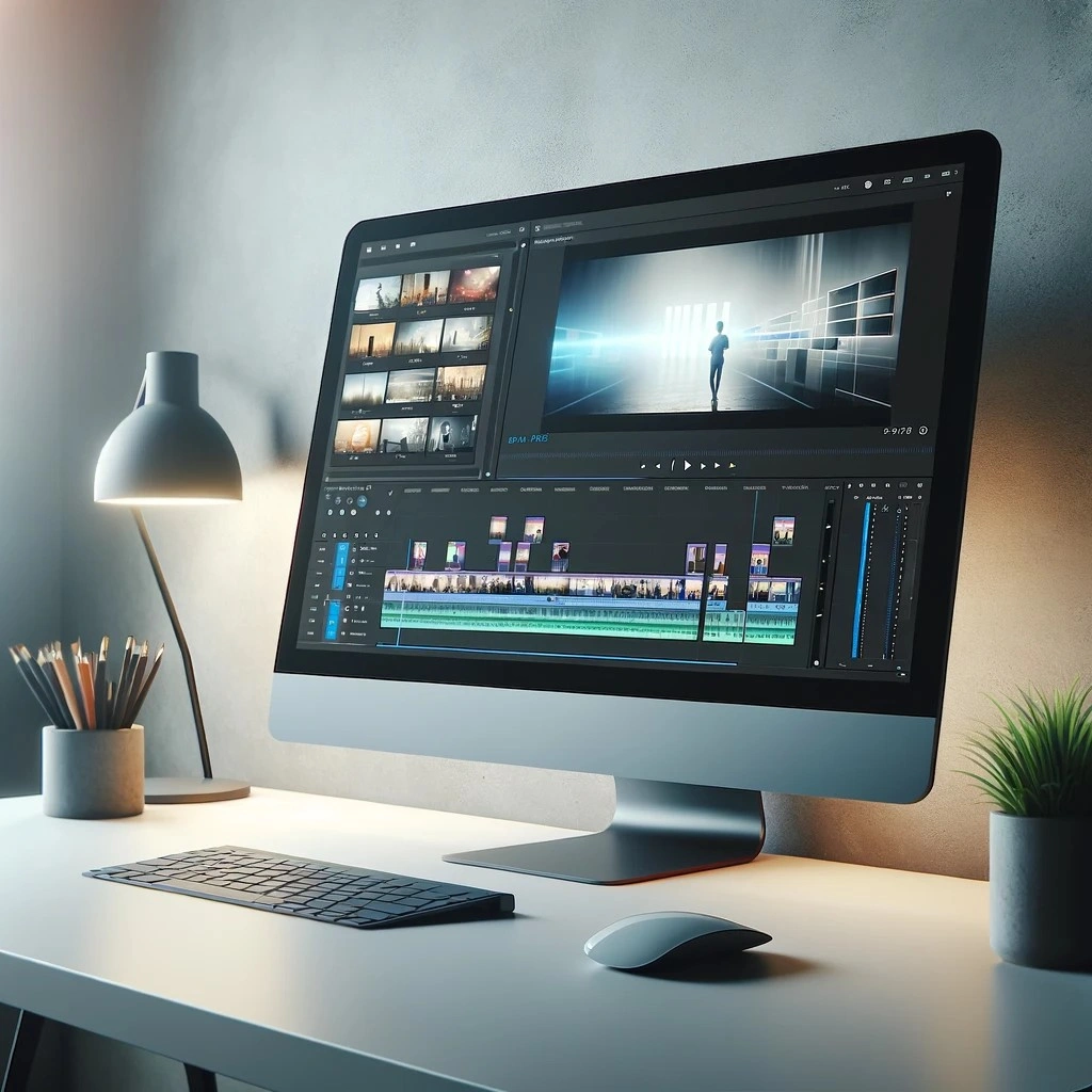 Computer monitor displaying video editing software with a scene of a person walking in a futuristic environment.