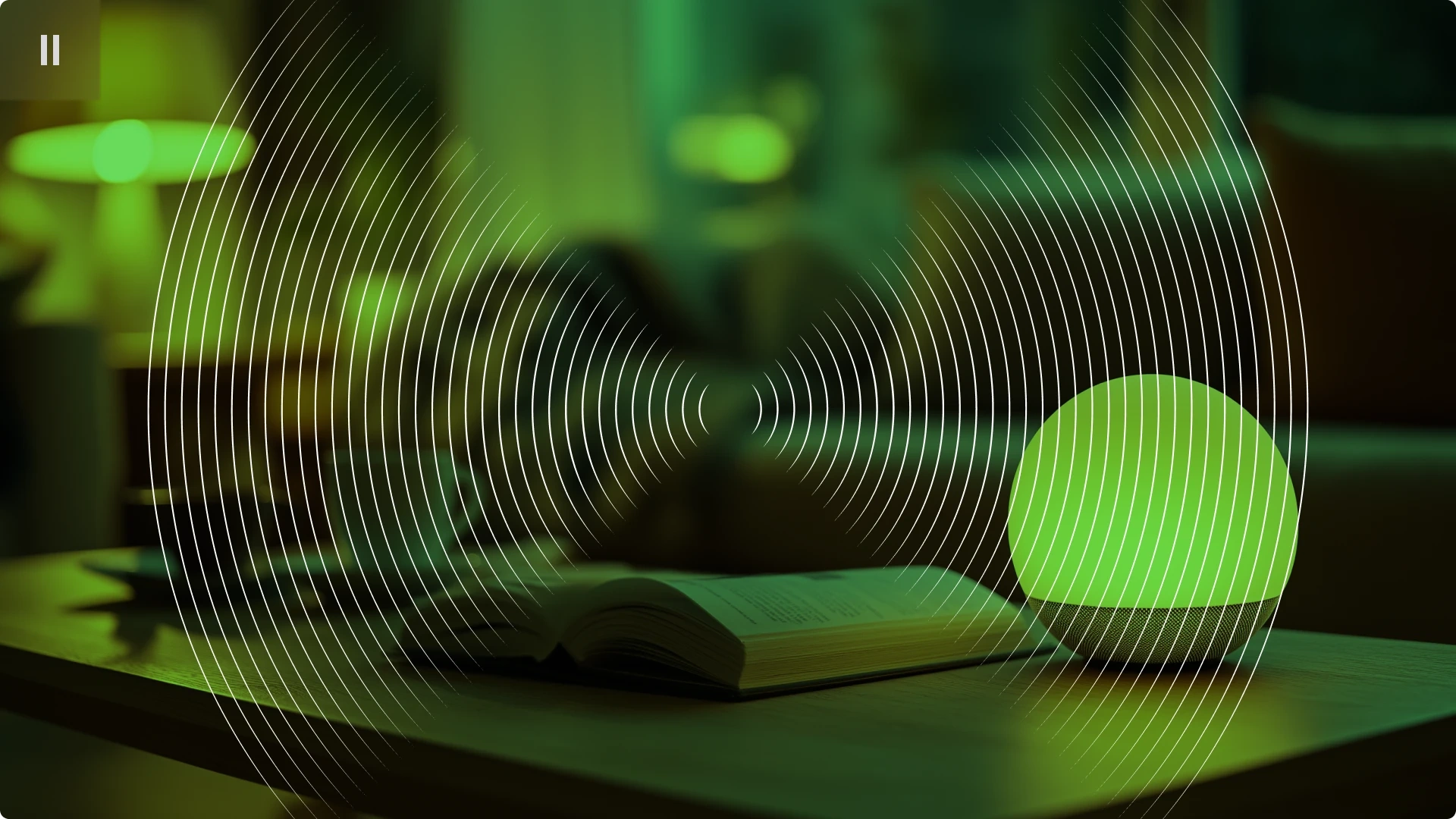 A smart speaker on a table with an open book, overlaid with concentric circles and lines in a green and black color scheme.