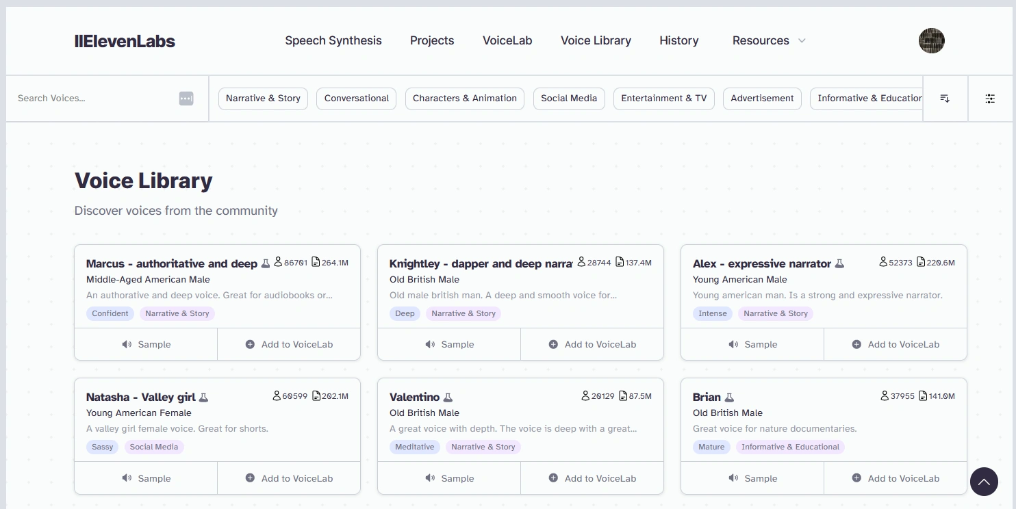 Screenshot of the IEelevenLabs Voice Library webpage displaying various voice profiles with their descriptions and tags.