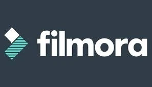 Filmora logo with a stylized diamond shape and the word "filmora" on a dark background.
