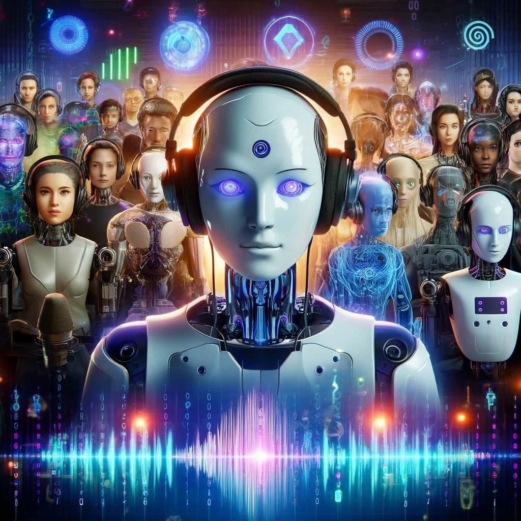 A group of humanoid robots and AI entities with digital and futuristic backgrounds.