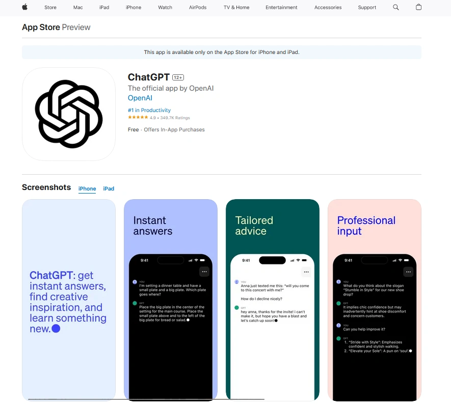 App Store preview page for ChatGPT, showing app icon, description, ratings, and sample screenshots of the app interface on iPhone.