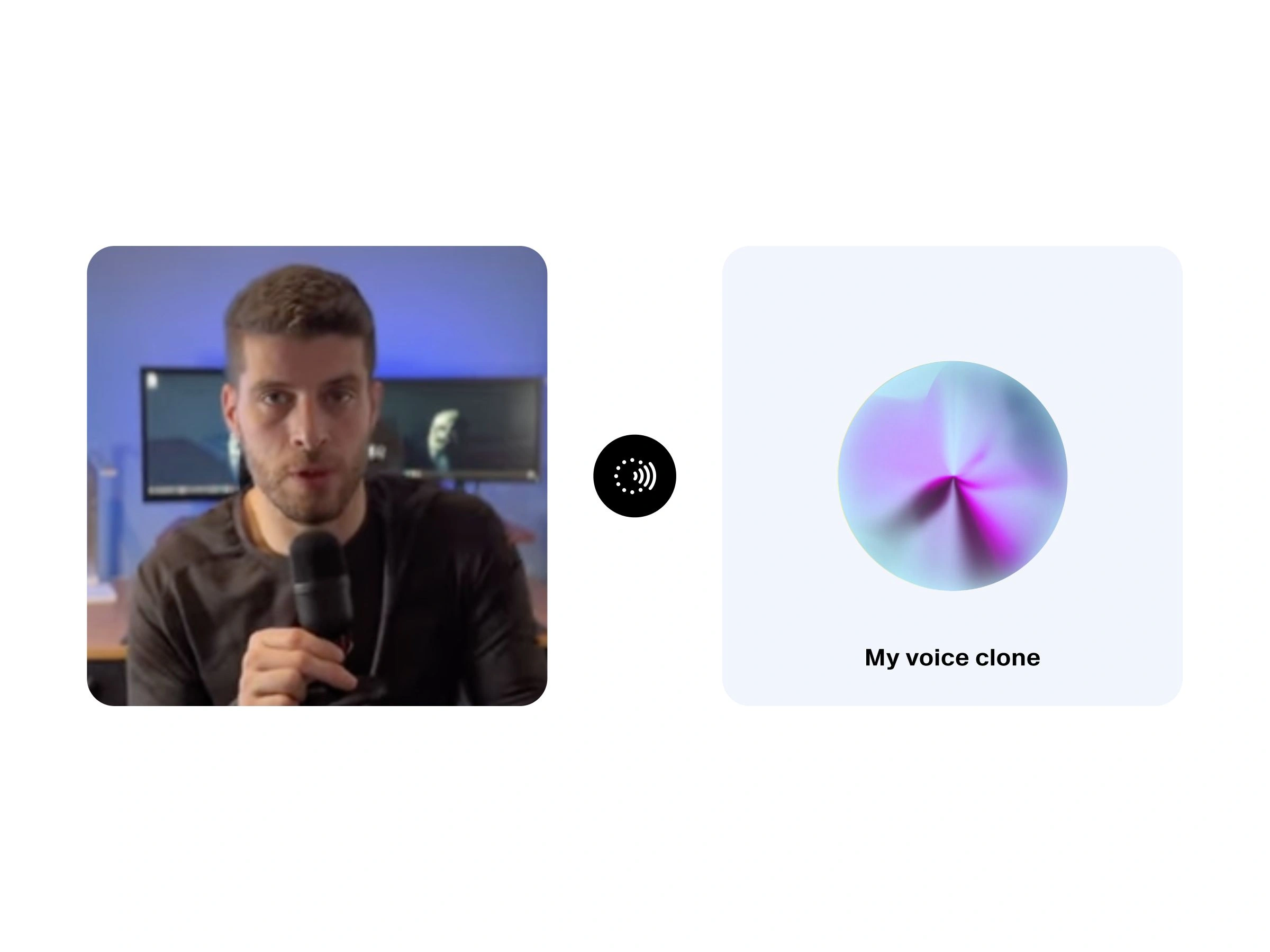 A man holding a microphone in front of a computer monitor, with a digital voice clone visualization on the right labeled "My voice clone."