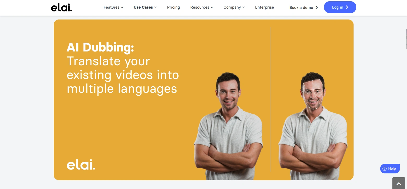 Two images of a man with crossed arms, one with facial recognition lines and the other without, on a yellow background with text about AI Dubbing.