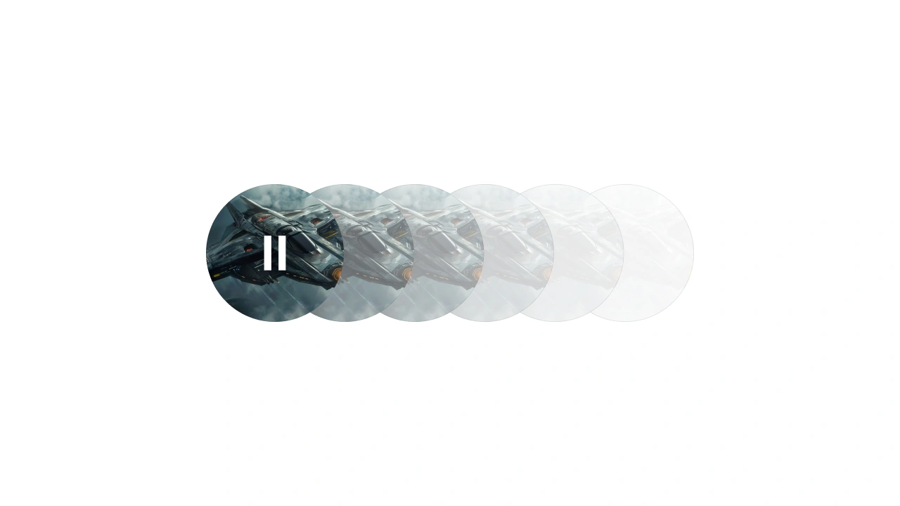 A series of six overlapping circles featuring a spaceship, with the first circle displaying a pause icon.
